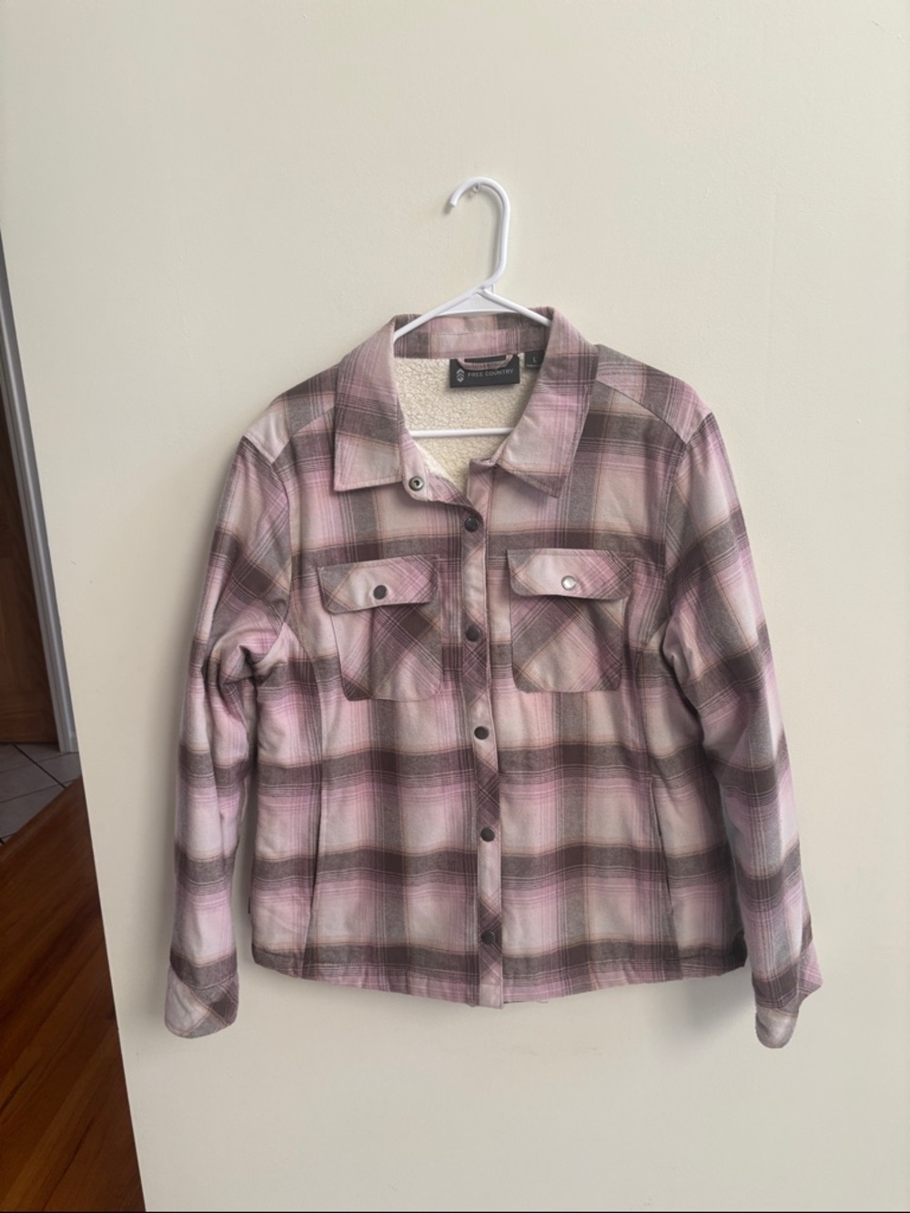 Free Country Pink and Beige Plaid Sherpa-Lined Utility Jacket